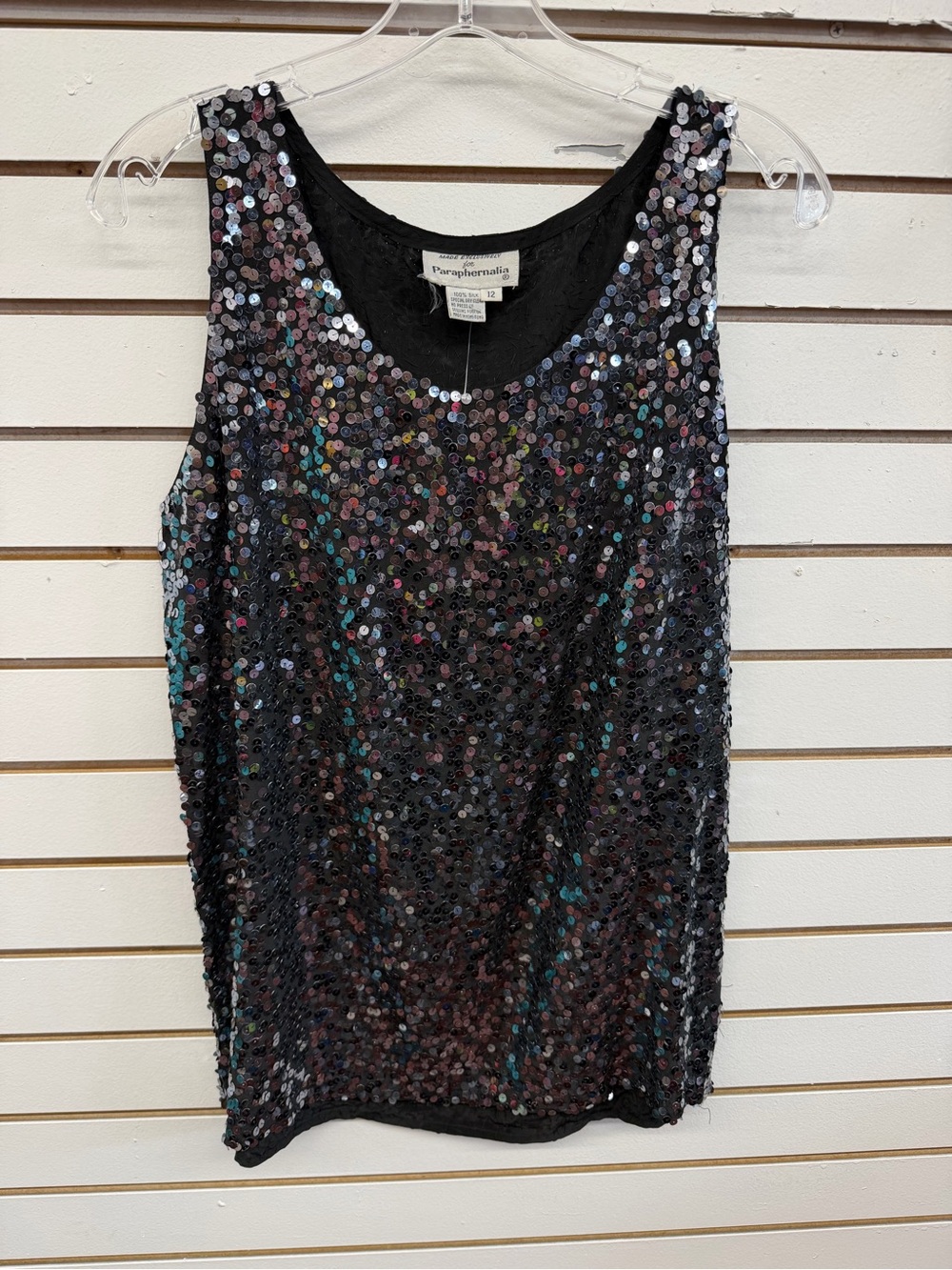 Paraphernalia 100% Silk Black Sequin Tank Top Size 12 Party Evening